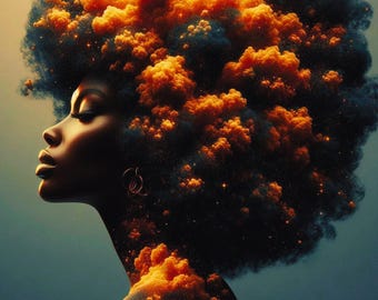 Eksplozja włosów afro, sztuka afropunk, estetyka kobiecej energii, nadruk afrocentryczny, naturalna fryzura, sztuka afro miłosna, pomysł na prezent w postaci sztuki czarnych włosów