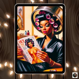 May include: A woman with a black satin robe and pink hair rollers is reading a magazine called "Hes San" with a model on the cover wearing a gold dress. The magazine is open to a page with the words "Special Offer!" and "Extra Long Styles!"