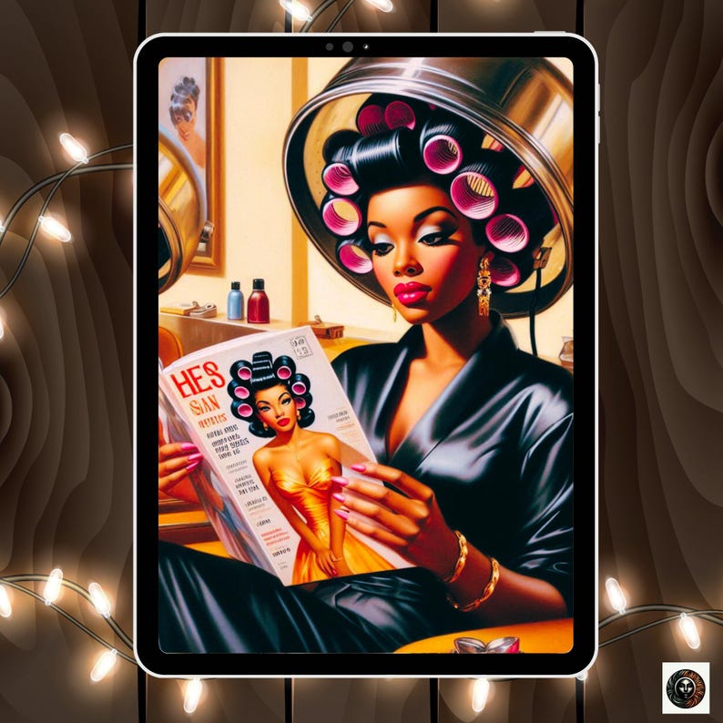 May include: A woman with a black satin robe and pink hair rollers is reading a magazine called "Hes San" with a model on the cover wearing a gold dress. The magazine is open to a page with the words "Special Offer!" and "Extra Long Styles!"