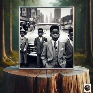 Puede incluir: Foto en blanco y negro de cuatro ni&ntilde;os peque&ntilde;os con traje de pie frente a un coche en una calle de la ciudad. Los ni&ntilde;os sonr&iacute;en y miran a la c&aacute;mara.