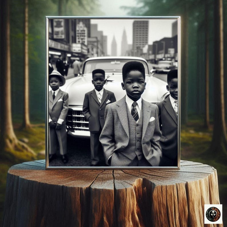 Puede incluir: Foto en blanco y negro de cuatro ni&ntilde;os peque&ntilde;os con traje de pie frente a un coche en una calle de la ciudad. Los ni&ntilde;os sonr&iacute;en y miran a la c&aacute;mara.