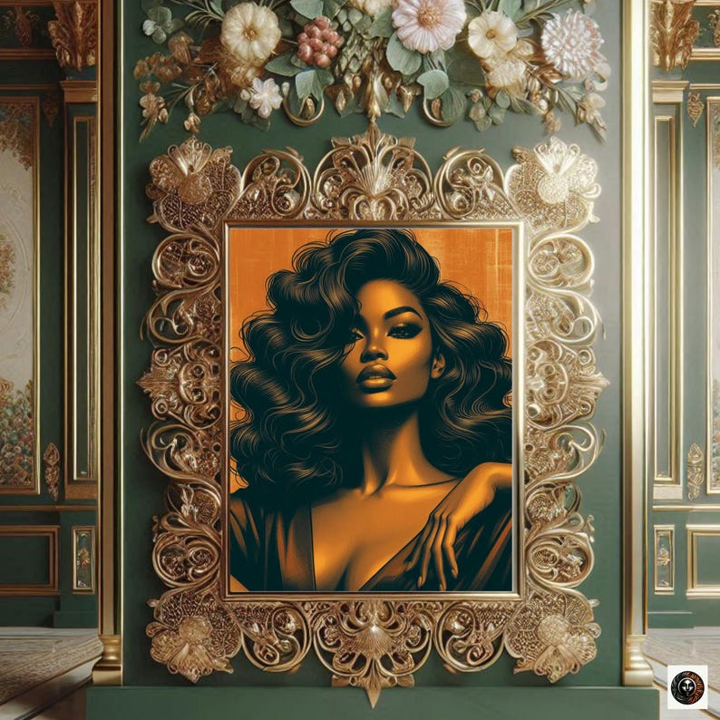 May include: A framed portrait of a woman with long, dark curly hair. She is wearing a black dress and has a gold-toned complexion. The frame is ornate and gold in color.