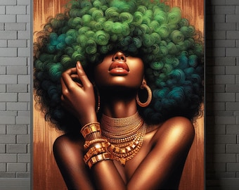 May include: A framed art print featuring a portrait of a person with dark skin, adorned with gold jewelry, and a large green afro. The artwork has a warm color palette with gold and brown tones, and the person is wearing gold hoop earrings and bracelets.