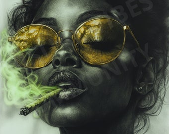 Arte de chica fumando marihuana, impresión de marihuana, arte de pared de marihuana, arte de porro, arte de fumeta, impresión de cogollo, regalo de fumeta, arte de mujer fumando puro, arte de mujer negra