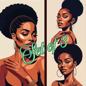 Set of 3 Chic Afrocentric Black Girl Magic Bundle Set of Three Afro Art Black Woman Art Print Minimalist Black Art Retro Female Illustration