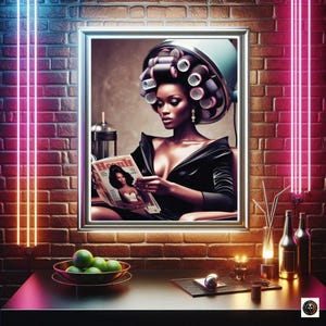 May include: A framed print of a woman with a black dress and rollers in her hair reading a magazine. The background is a brick wall with neon lights.