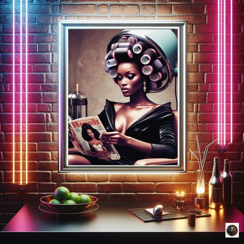 May include: A framed print of a woman with a black dress and rollers in her hair reading a magazine. The background is a brick wall with neon lights.