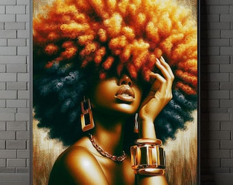 Pomarańczowy ombre afro wydruk artystyczny portret czarnej kobiety afrocentryczny afro miłość wydruk artystyczny włosy cyberpunk czarna dziewczyna estetyczna sztuka salonu fryzjerskiego czarny
