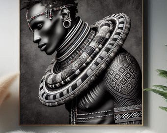 アースカラーの抽象的なマサイ族の戦士の絵画 ケニアの部族芸術 槍の