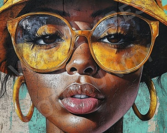 Kim jest ta dziewczyna? Żółta sztuka Czarna kobieta Sztuka Portret Wydruk Sztuka miejska Pokój w akademiku Sztuka ścienna Abstrakcyjna sztuka graffiti Piękno Wydruk Czarny Wydruk artystyczny