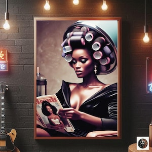 May include: A woman with a black dress and a large blue hair roller set is reading a magazine. The magazine cover features a woman with dark hair and a white dress.