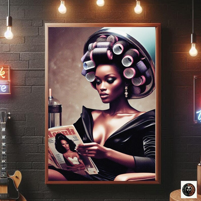 May include: A woman with a black dress and a large blue hair roller set is reading a magazine. The magazine cover features a woman with dark hair and a white dress.