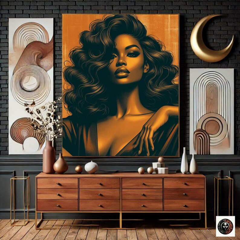 May include: A digital art print featuring a woman with long, dark curly hair. She is wearing a black dress and has a golden skin tone. The background is a warm orange color.