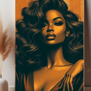May include: A digital illustration of a woman with dark brown skin and long, curly black hair. She is wearing a dark brown dress and has a warm, golden glow.
