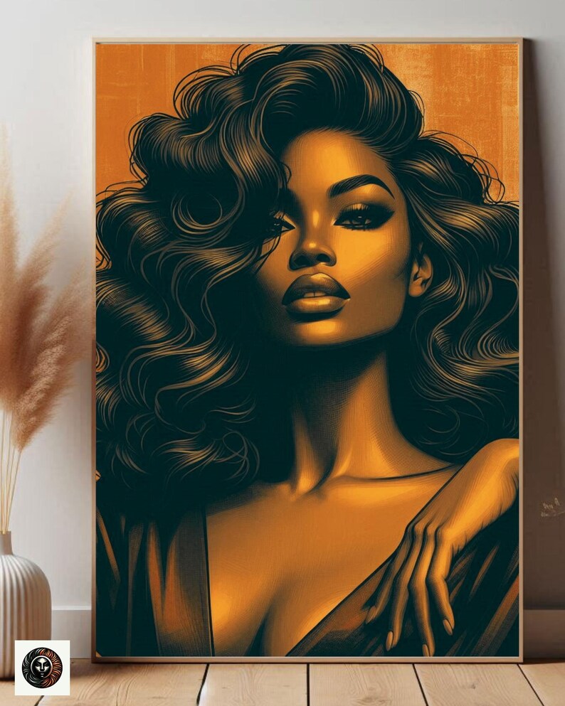 May include: A digital illustration of a woman with dark brown skin and long, curly black hair. She is wearing a dark brown dress and has a warm, golden glow.
