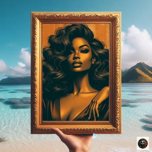 May include: A framed illustration of a woman with long, dark, curly hair. Her skin is a golden brown color and she is wearing a dark, flowing garment. The background is a textured, golden brown color.