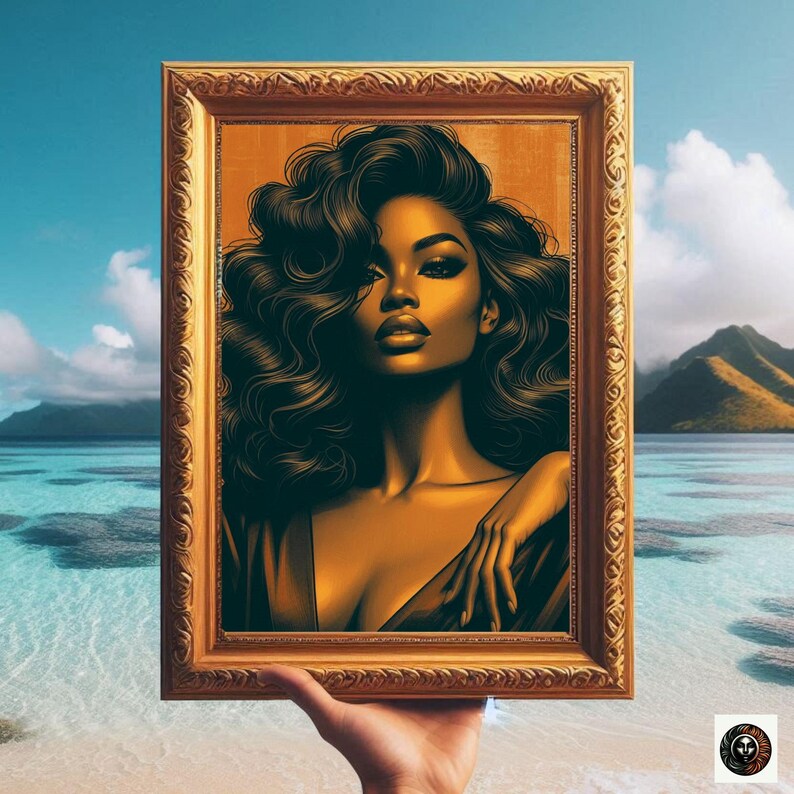 May include: A framed illustration of a woman with long, dark, curly hair. Her skin is a golden brown color and she is wearing a dark, flowing garment. The background is a textured, golden brown color.