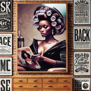May include: A woman with a black dress and rollers in her hair is reading a magazine. The magazine cover features a woman with a similar hairstyle. The background is a brick wall with various posters.