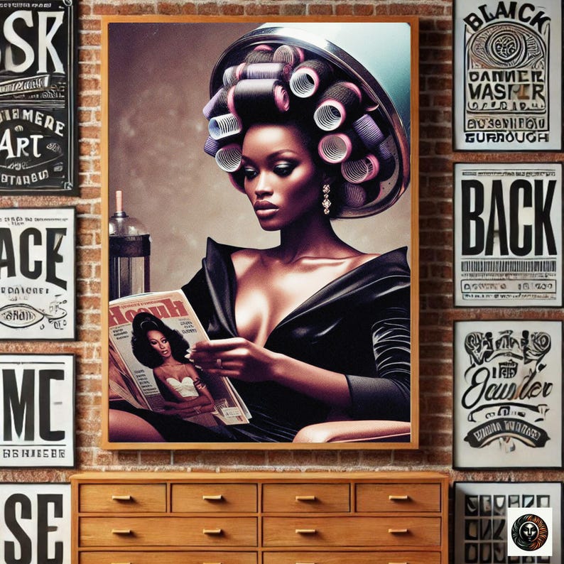 May include: A woman with a black dress and rollers in her hair is reading a magazine. The magazine cover features a woman with a similar hairstyle. The background is a brick wall with various posters.