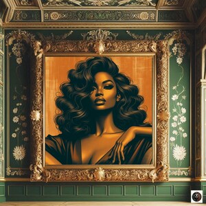 May include: A painting of a woman with long, dark, curly hair. She is wearing a gold-colored dress and has a serious expression on her face. The painting is framed in a gold frame and is set against a green background.