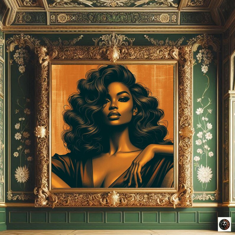 May include: A painting of a woman with long, dark, curly hair. She is wearing a gold-colored dress and has a serious expression on her face. The painting is framed in a gold frame and is set against a green background.