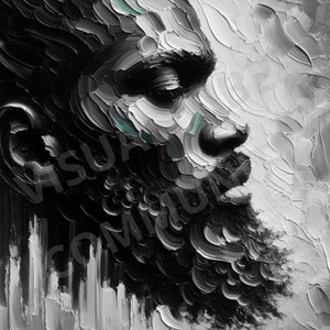 May include: A black and white painting of a person's face. The painting is done in a thick, impasto style, with visible brushstrokes. The person's face is turned to the side, and their eyes are closed. The background is a light gray.