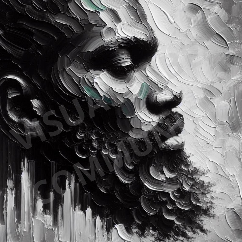 K&ouml;nnte beinhalten: Ein Schwarzwei&szlig;bild eines Gesichts. Das Bild ist in einem dicken Impasto-Stil gemalt, mit sichtbaren Pinselstrichen. Das Gesicht der Person ist zur Seite gedreht und ihre Augen sind geschlossen. Der Hintergrund ist hellgrau.