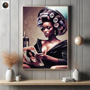 May include: A woman with dark skin is sitting in a chair with a magazine in her lap. She is wearing a black dress and has a large blue and pink hair roller set on her head. The magazine is open to a page with a photo of a woman with dark skin and the word "Ebony" printed on the cover.