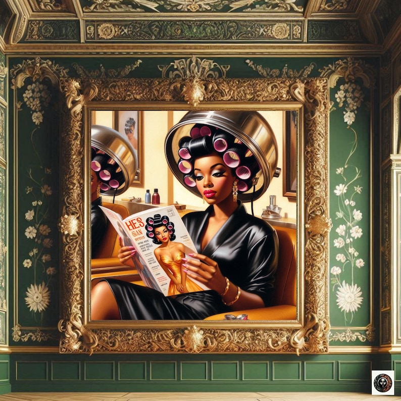 May include: A woman with rollers in her hair sits in a salon chair reading a magazine called "He's Glam". The magazine features a woman in a gold dress. The woman in the chair is wearing a black robe and has a gold bracelet on her wrist.