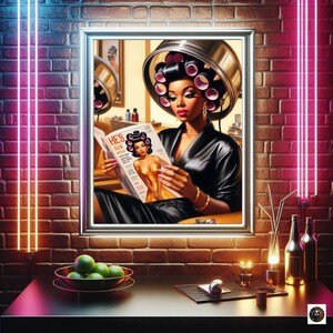 May include: A framed vintage illustration of a woman with pink hair rollers sitting in a salon chair reading a magazine called "She's So Sweet".