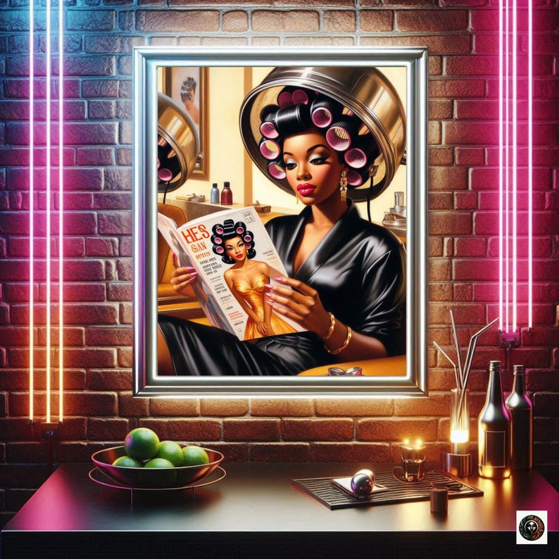 May include: A framed vintage illustration of a woman with pink hair rollers sitting in a salon chair reading a magazine called "She's So Sweet".