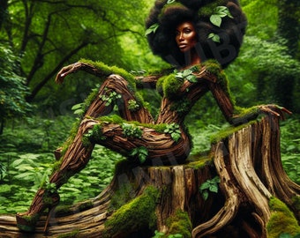 Earth Goddess Nature Woman Print Feminine Chic Black Afro Women Art Afro Love Black Goddess Art Nature Print Afro American Black Woman Art