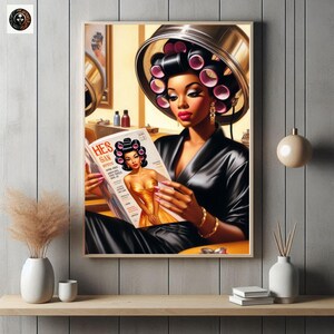 May include: A woman with a black satin robe sits in a salon chair with pink rollers in her hair. She is reading a magazine called "Hes & San" with a woman on the cover wearing a white dress.