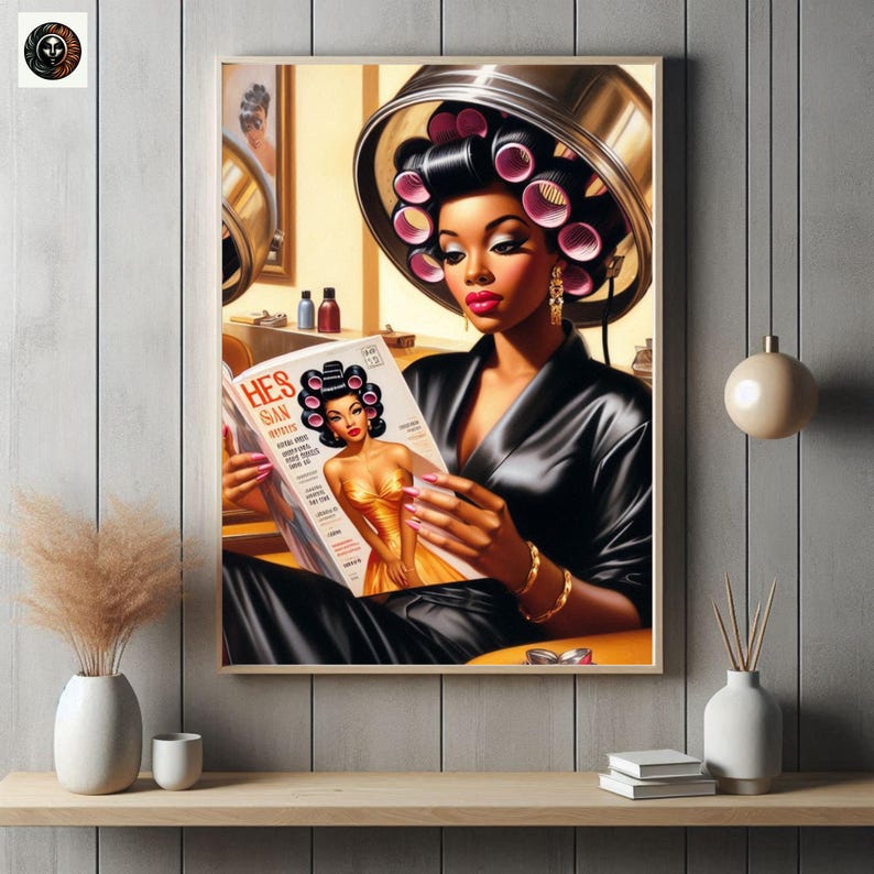 May include: A woman with a black satin robe sits in a salon chair with pink rollers in her hair. She is reading a magazine called "Hes & San" with a woman on the cover wearing a white dress.