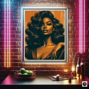 May include: A framed illustration of a woman with long, dark curly hair. She is wearing a black dress and has a golden glow. The background is a warm orange color.