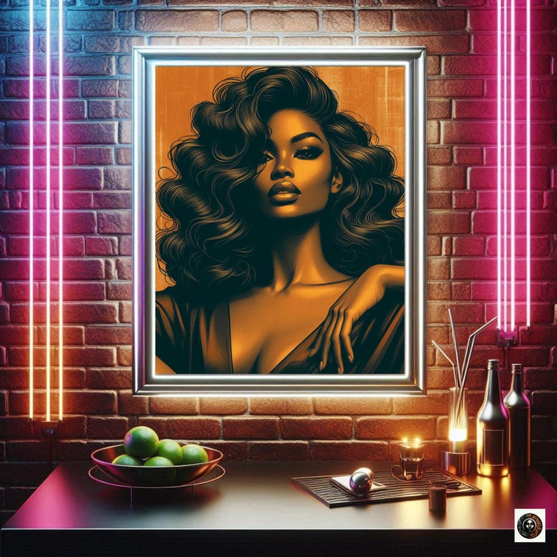 May include: A framed illustration of a woman with long, dark curly hair. She is wearing a black dress and has a golden glow. The background is a warm orange color.
