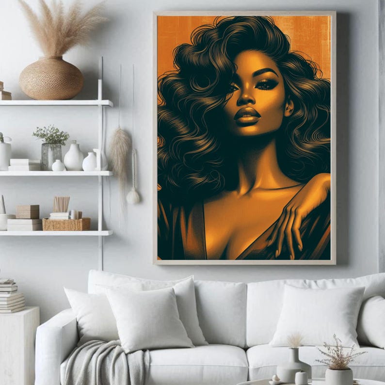 May include: A digital illustration of a woman with long, dark curly hair. She is wearing a dark dress and has a warm, golden skin tone. The background is a warm orange color.