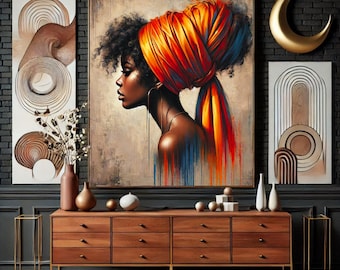 Graceful Muse Orange Silk Headwrap Art Black Women Wall Art Colorful Wall Art Female Aesthetic Art Print Black Inspired Art Black Home Decor