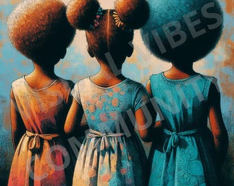 Grafika artystyczna „Czarna dziewczyna”: Warkoczyki afro, przyjaźń z dzieciństwa (pobranie cyfrowe)
