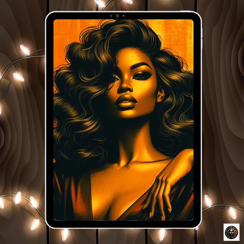 May include: A digital illustration of a woman with long, dark curly hair. She is wearing a red dress and has a warm, golden glow. The background is a warm orange color.