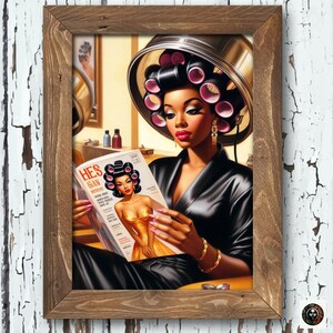 May include: A woman with dark hair in pink rollers sits in a salon chair reading a magazine called "Hes' San" with a model on the cover wearing a gold dress and pink rollers.