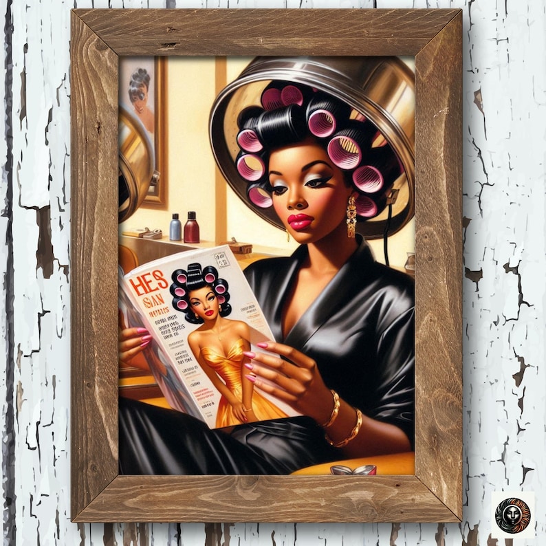 May include: A woman with dark hair in pink rollers sits in a salon chair reading a magazine called "Hes' San" with a model on the cover wearing a gold dress and pink rollers.