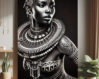Wydruk Maasai Female Print Afrykański wydruk Piękno plemienne Sztuka ścienna Czarno-biała sztuka Afrykańskie dzieło sztuki Wydruk sztuki Maasai Sztuka afrocentryczna Afrykańska sztuka AI