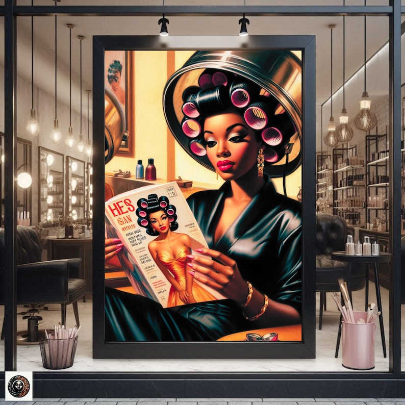 May include: A woman with pink rollers in her hair sits in a salon chair reading a magazine called "He's Saw" with a model on the cover wearing a yellow dress. The magazine cover has a red, white, and blue color scheme.