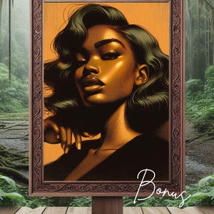 May include: A framed portrait of a woman with dark brown skin and long, dark green hair. The woman is looking to the side and her lips are slightly parted. The background is a warm orange color. The frame is dark brown wood with intricate carvings.