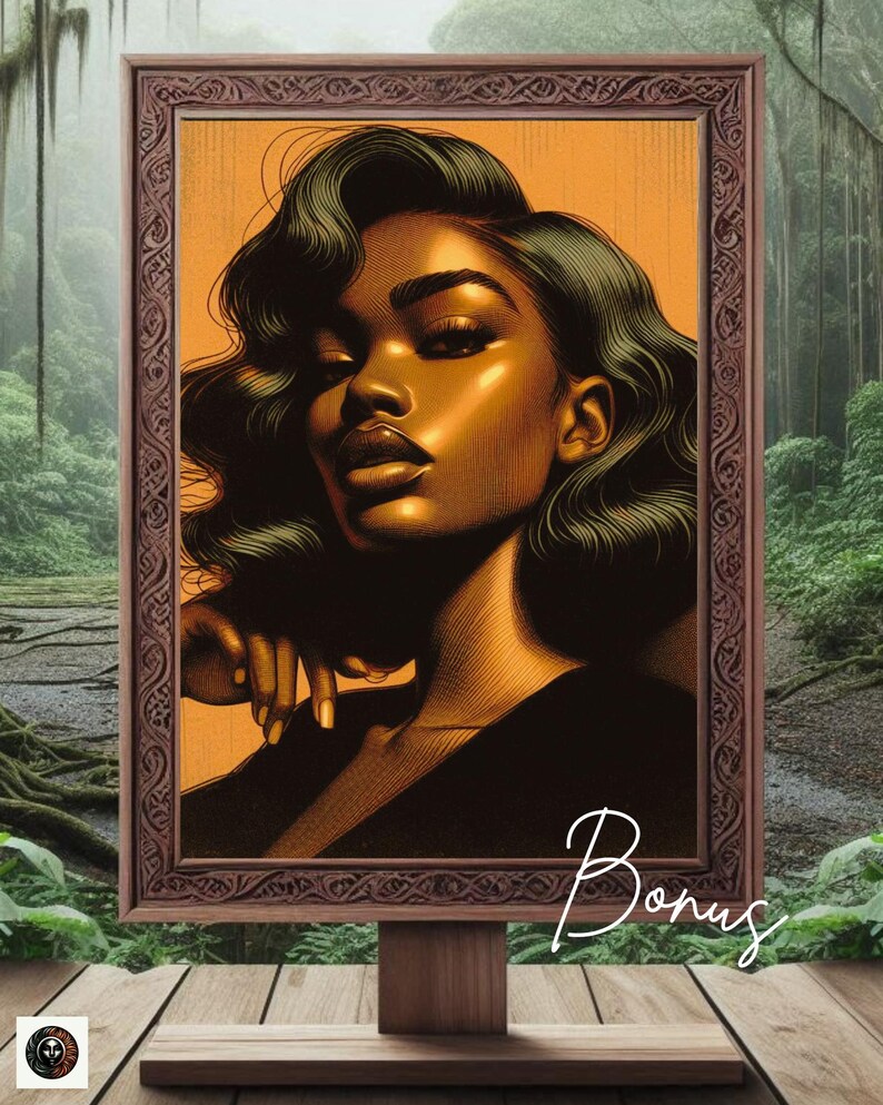 May include: A framed portrait of a woman with dark brown skin and long, dark green hair. The woman is looking to the side and her lips are slightly parted. The background is a warm orange color. The frame is dark brown wood with intricate carvings.