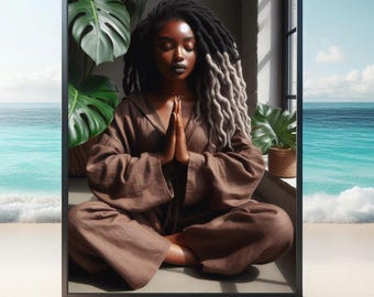 Zen Peace Meditation Art Print Black Girl Loc Hair Art Black Woman Yoga Art Urban Art Dorm Room Wall Art Mindfulness Wall Art Girl Gift Idea