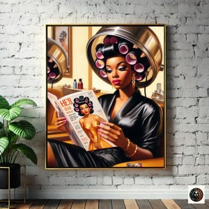 May include: A woman with a black satin robe and large pink rollers in her hair reads a magazine called "He's So  Handsome".