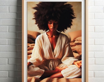 Black Woman Meditation Art Afro Love Black Woman Art Yoga Print Zen Wall Mindfulness Art Relaxing Print Ai Art Original | PERSONAL USE Only