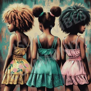 Three Black Girl Art Print: Afro Pigtails Black Childhood Art Black ...